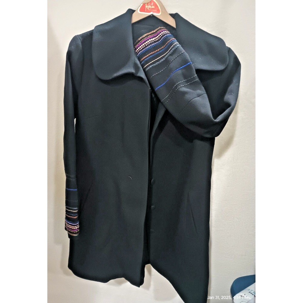 Megan Park black wool overcoat women's 7 embroidered ribbon sleeves button snap